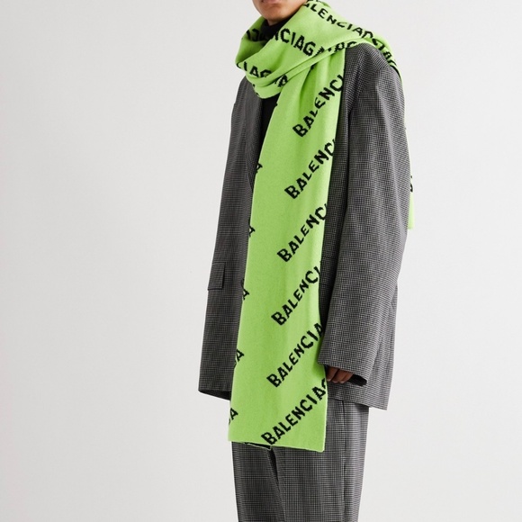 NWT Authentic Balenciaga - Neon Logo-Jacquard Wool-Blend Scarf - Green - Picture 1 of 5